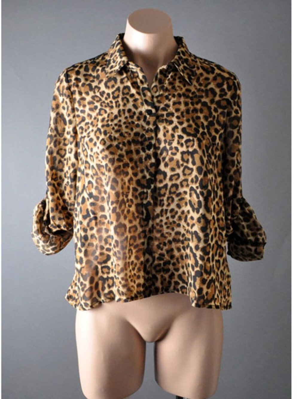 Womens Brown Leopard Lace Long Sleeve Chiffon Button Down Shirt Blouse Top L